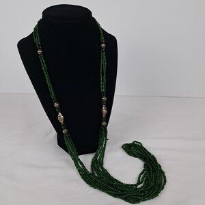 Long Multi Strand Green Glass Seed Bead Necklace w/ Silver Tone Beads